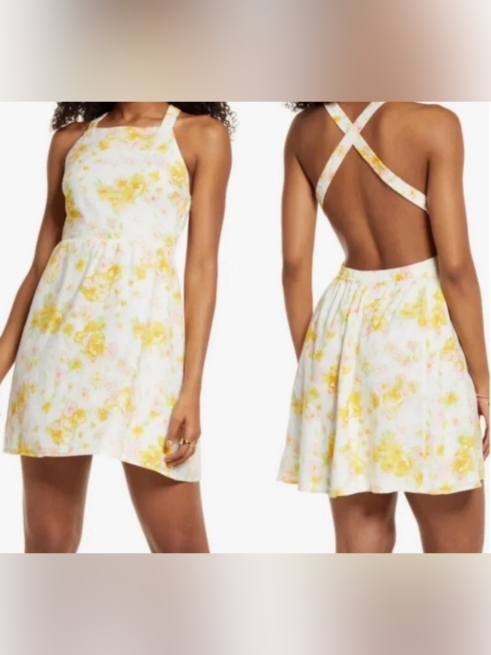 BP Sina Print yellow pink floral Floral Backless Mini Dress vintage inspired XL